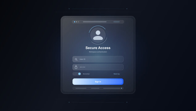 Secure Access Login Interface UI Vector. Dark secure access login UI with authentication card, user ID and password fields, remember toggle, reset key link, sign in button and soft glass panels. Vecto