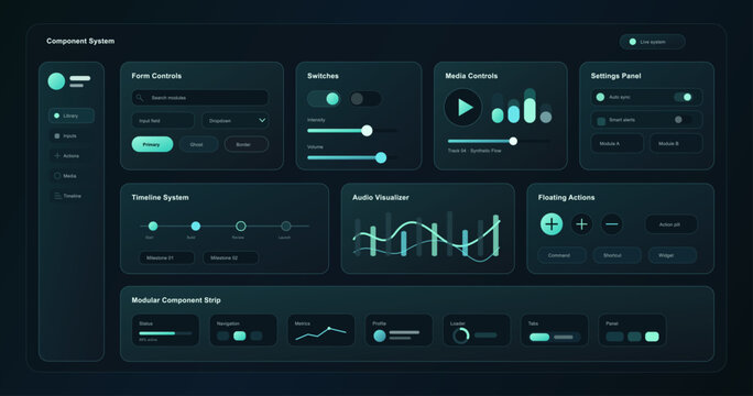 Dark Component System UI Vector. Dark component system dashboard with form controls, switches, media controls, settings panel, timeline. Futuristic web app with UI, UX, Kit. Vector admin panel