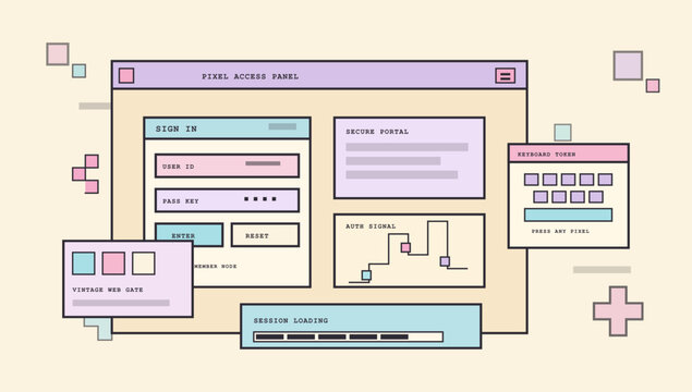 Retro Pixel Access Panel UI Vector. Retro y2k pixel access panel UI with sign in form, secure portal cards, auth signal chart, keyboard token popup. Old computer interface in Y2K style. Vector set