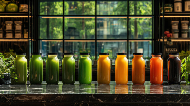 Row of fresh cold-pressed juices in glass bottles in vivid green and orange hues lined along a marble bar backlit by bright morning light through tall windows