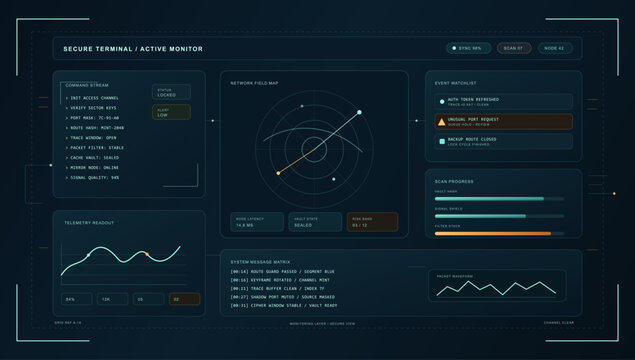 Secure Terminal Active Monitor HUD UI Vector. Dark secure terminal dashboard UI with command stream, network field map, event watchlist, scan progress, telemetry readout. Futuristic dashboard HUD