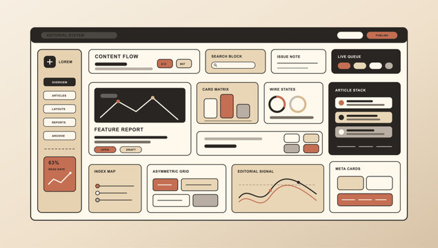 Editorial System Dashboard UI Vector. Retro editorial dashboard UI with content flow, search block, feature report, live queue, article stack, card matrix, wire states. Vector