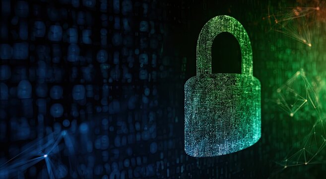Digital padlock on binary code background with glowing network connections