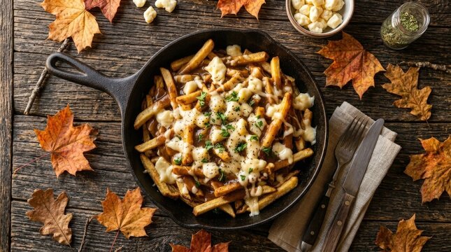 A top-down view of a hearty serving of Canadian poutine with golden fries, fresh cheese curds, and savory gravy, served in a cast iron skillet on a rustic wooden table decorated with autumn leaves.