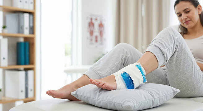 Woman resting with a blue gel ice pack strapped to her injured ankle. Patient treating a sprain with cold compress and elastic bandage in a medical clinic
