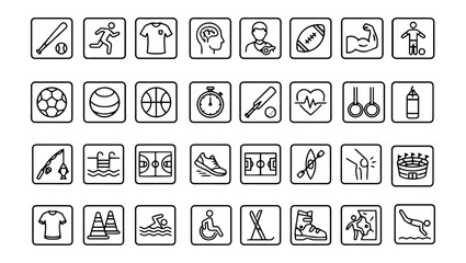 Sports and Fitness Line Vector Icons on Transparent Background, sports icon, fitness icon, sport activities, athletic icon, exercise icon, training icon, athlete, running, soccer, football, baseball, © TalalAhmad