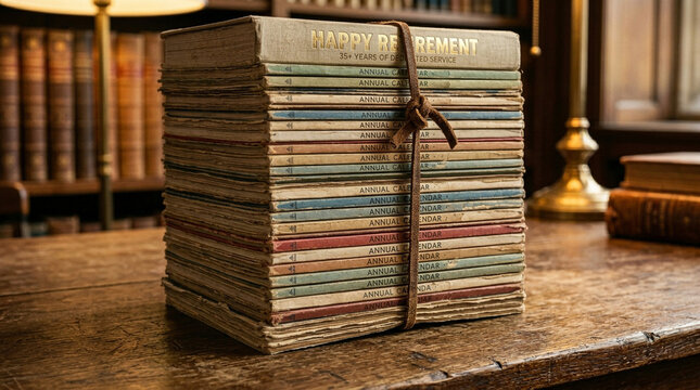 Vintage stack of books tied with twine, antique library collection on wooden desk, nostalgic retirement gift of old journals and manuscripts