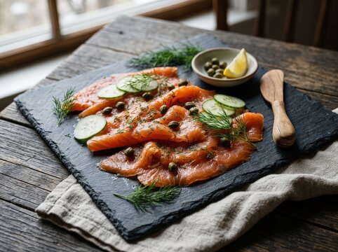 A beautifully arranged platter of thinly sliced smoked salmon garnished with fresh dill, crisp cucumber slices, and capers, served on a dark slate board.