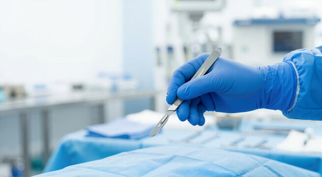 Close up of a gloved hand holding a surgical scalpel. Medical professional preparing for surgery in a sterile operating room. Healthcare and medical procedure concept