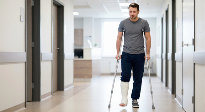 Young man walking with crutches and broken leg cast in hospital corridor. Patient recovering from injury