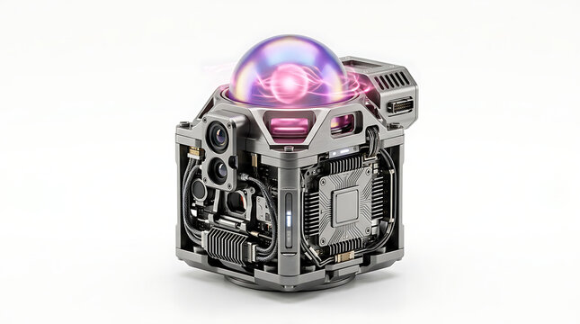 futuristic cube robot with glowing pink orb isolated on white background