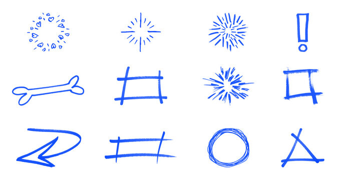 Set of dark blue hand drawn scribble doodle elements on transparent background including circle square triangle arrow exclamation mark bone star and comic brush stroke icons.