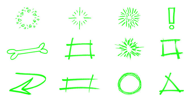 Set of bright green hand drawn scribble doodle elements on transparent background including circle square triangle arrow exclamation mark bone star and comic brush stroke icons.