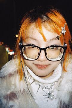 Flash Portrait of Woman with Orange Hair and Eclectic Style