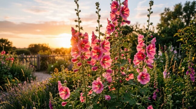 Pink hollyhocks bloom beautifully in the warm glow of a setting sun