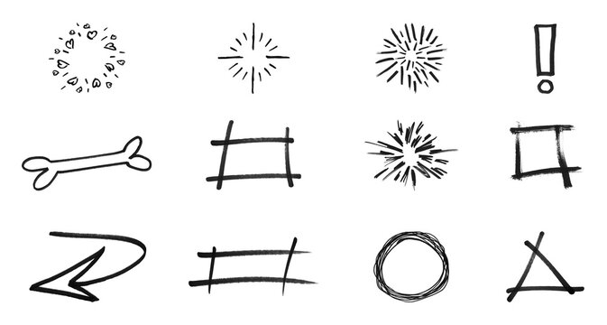 Black hand drawn doodle set isolated on transparent background including exclamation marks frames explosion shapes and bone symbol for creative graphic design projects.