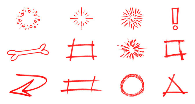 Red hand drawn doodle set isolated on transparent background including exclamation marks frames explosion shapes and bone symbol for creative graphic design projects.