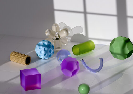 Colorful Shapes and Shadows on a Tiled Floor in a Bright Room