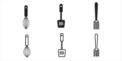 Kitchen utensils icon bundle. Collection of balloon whisk, slotted spatula, and dining fork in solid silhouette and line art style for cooking design. © Khairul 25