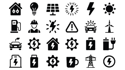 Fototapeta premium A set of battery charge indicators arranged on a white background with various electricity and energy symbols.