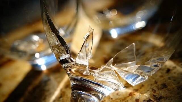 Shattered glass goblet macro view, capturing sharp fragments, refractions, and bokeh