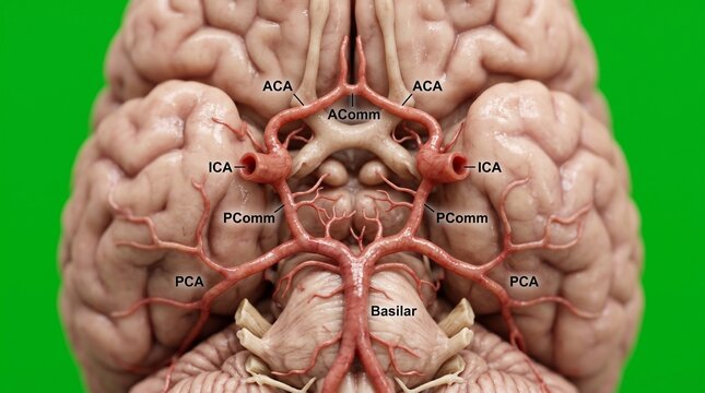 Detailed anatomical illustration of human brain vascular system with labeled arteries on green background