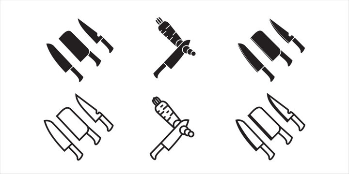 Kitchen knife and cutting vegetable icon bundle. Collection of chef knives, meat cleaver, and carrot slicing icons in silhouette and line art style for cooking design.
