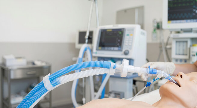 Medical ventilator tubes connected to a patient simulator. Intensive care unit equipment