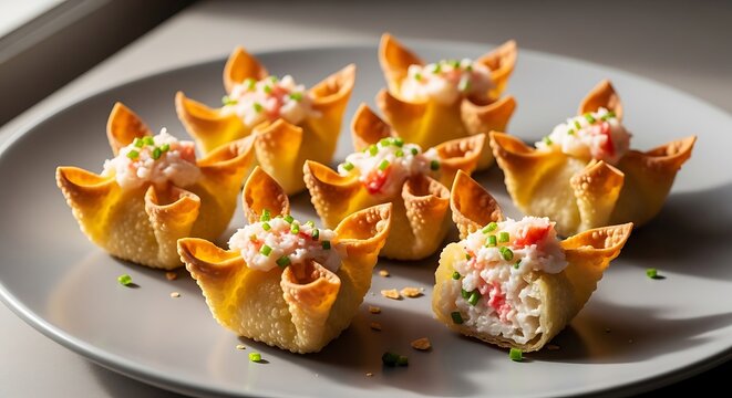 Crab Rangoon on a Plate, Appetizer Dish with Cream Cheese and Herbs. crab rangoon