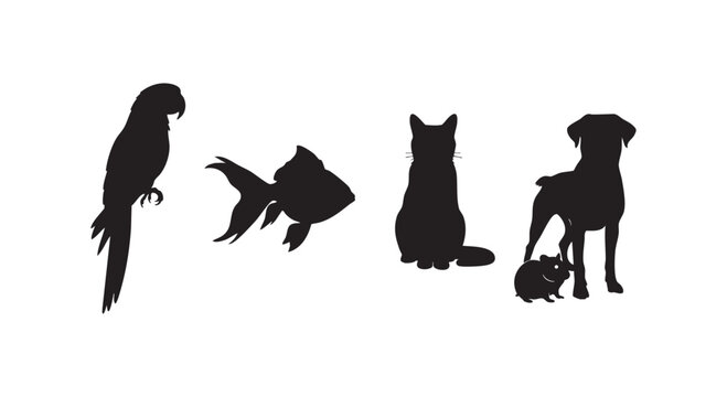 Collection of domestic animal silhouettes including parrot fish cat dog and hamster on white background illustration.