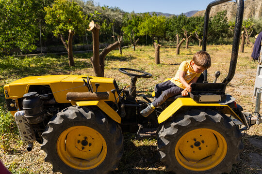Young boy exploring a yellow farm tractor in orchard