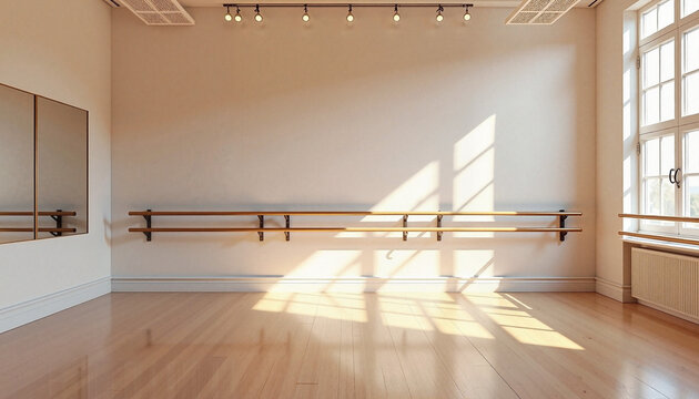 Empty dance studio with ballet barre and sunlight on wooden floor