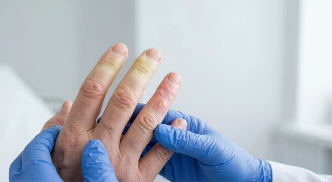 Close-up of swollen fingers with frostbite and a blister being examined by a doctor in blue gloves. Medical professional diagnosing severe cold injury on patient's hand