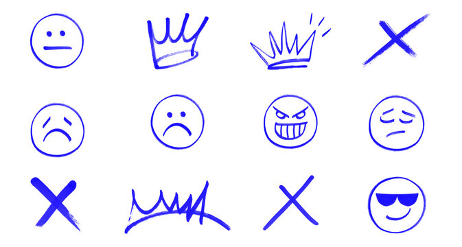 Set of various hand-drawn blue doodle icons and emojis on transparent background, including sad faces, crowns, and crosses, graffiti style.