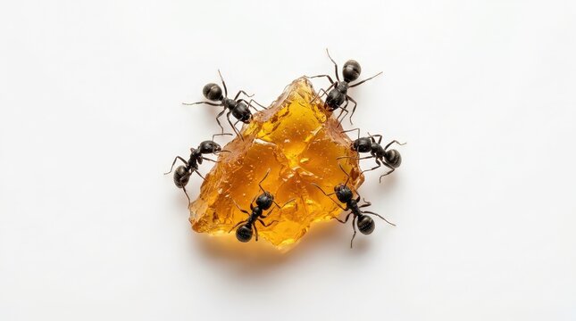 Group of black ants working together to carry a large piece of amber on a white background