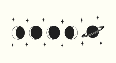 Celestial Moon Phases and Saturn Planet Minimalist Vector Art Illustration with Stars for Design © RUMA