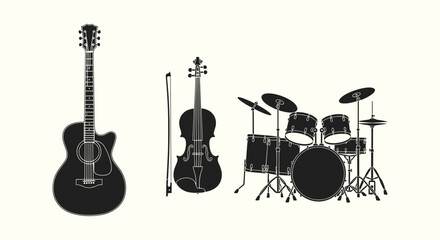 Naklejka premium Collection of Musical Instrument Silhouettes Featuring Acoustic Guitar Violin and Full Drum Set