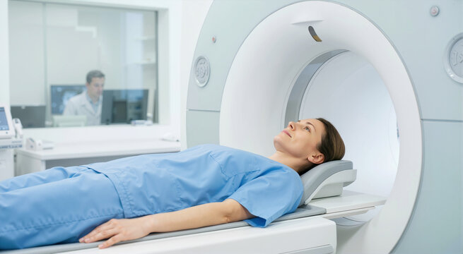 Woman lying in CT scanner for medical imaging. Diagnostic radiology procedure