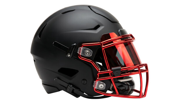 American Football Helmet Matte Black Professional athletic headgear equipment featuring a highly reflective metallic red chrome visor shield. Premium gridiron protective shell layout.