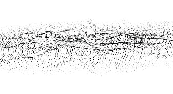 Abstract landscape data wave composed of many black dots arranged in a flowing pattern on a clean white background for digital design.