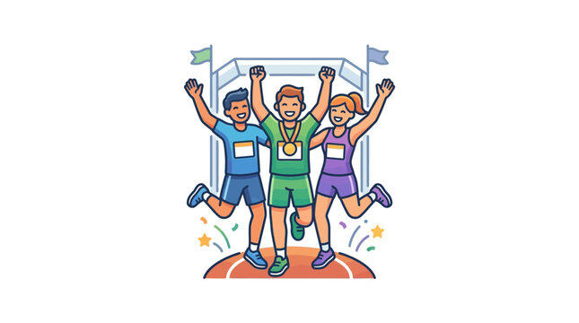 Three happy runners celebrating their victory at the finish line.