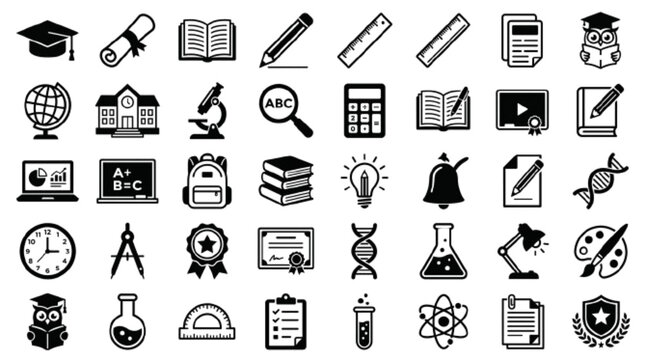 Education mega bundle vector icon set, 30 academic tools including graduation cap, diploma scroll, textbook, pencil, ruler, globe, school building, black and white vector, white background

