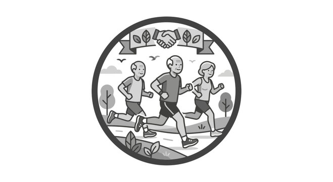 A circular illustration featuring three people jogging together in a group.