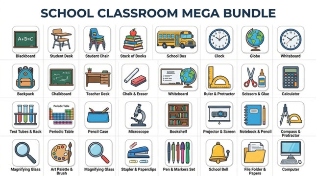 School classroom mega bundle vector icon set, 30 classroom objects including blackboard, chalk, desk, chair, books, timetable, teacher desk, white background

