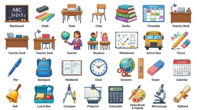 School classroom mega bundle vector icon set, 30 classroom objects including blackboard, chalk, desk, chair, books, timetable, teacher desk, white background

