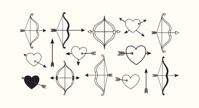 Cupid Bow and Arrow Set with Hearts Pierced by Arrows, Hand Drawn Vector Illustration Elements.