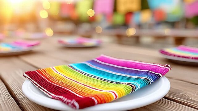 a vibrant, striped fabric napkin rests on a white plate atop a wooden table, set against a blurred, festive, and colorful outdoor background.
