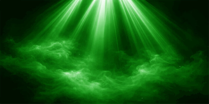 Emerald Divine Light Rays: Vibrant green heavenly beams illuminating clouds with mystical atmosphere