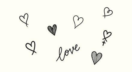 Minimalist hand-drawn hearts and love script lettering doodle sketch on off-white background © RUMA