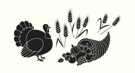 Black and white Thanksgiving silhouette set with turkey, cornucopia, fruit and wheat stalk icons. © RUMA